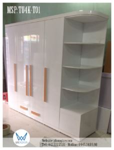 Tủ áo liền kệ trang trí màu trắng có tay nắm vân gỗ