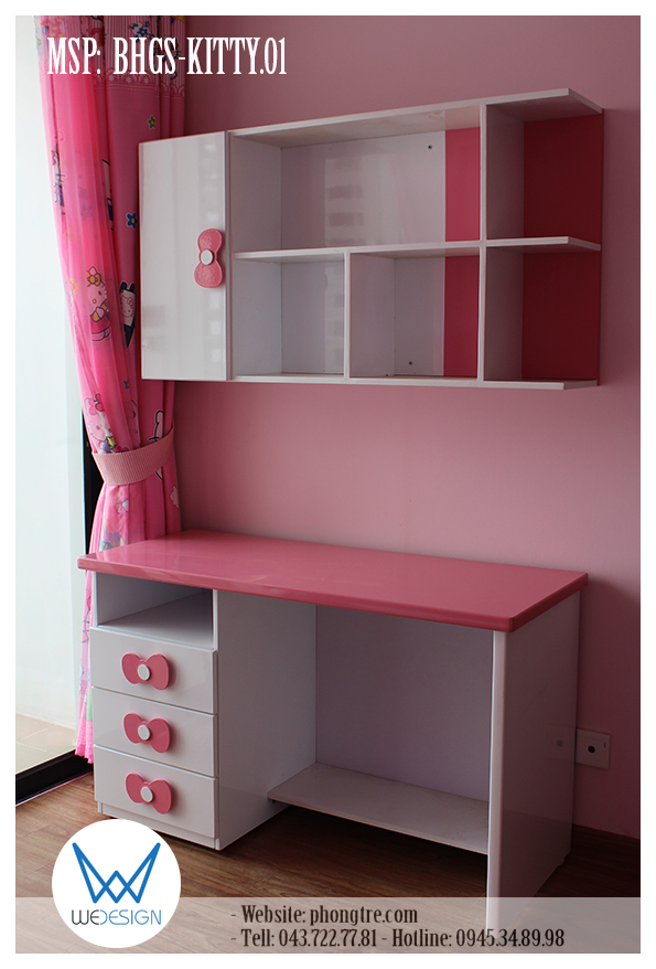 Bàn học Kitty có giá sách treo tường MSP: BHGS-KITTY.01