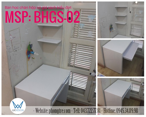 Bàn học chân hộp có đợt rút - giá sách kiểu đợt treo tường MSP: BHGS-02 màu trắng 