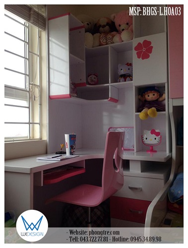 Mẫu bàn học góc liền giá sách chữ L MSP: BHGS-L.HOA03 trang trí hoa phù dung sắc màu trắng - hồng dễ thương