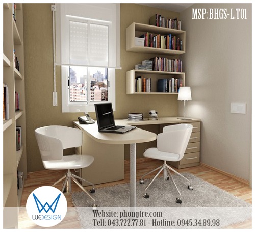 Ảnh minh họa - Bàn học góc chữ L có giá sách treo tường đặt giữa phòng MSP: BHGSL.T01