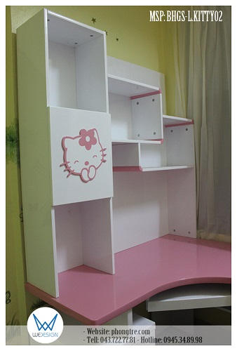 Kệ sách có hộc góc cong zig zag trang trí Hello Kitty vỗ tay liền bàn học góc MSP: BHGS-L.KITTY02