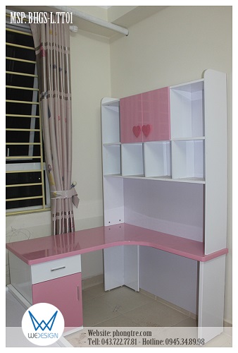 Mẫu bàn học chữ L liền giá sách MSP: BHGS-L.TT01 có tay nắm trái tim dễ thương
