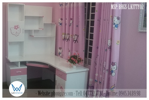 Bàn học Hello Kitty MSP: BHGS-L.KITTY02 kiểu chữ L liền giá sách đặt góc 1m2x1m6