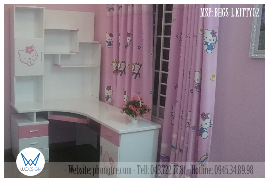 Bàn học chữ L liền giá sách Hello Kitty dễ thương