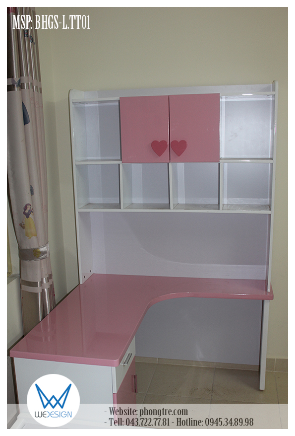 Mẫu thiết kế bàn học góc liền giá sách trang trí trái tim MSP: BHGS-L.TT01