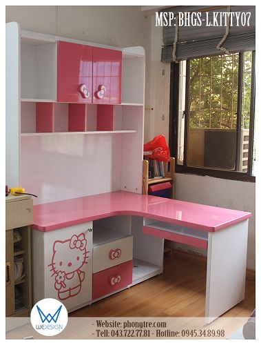 Bàn học góc liền tủ sách BHGS-L.KITTY07 trang trí Hello Kitty cầm hoa xinh xắn cùng tay nắm nơ dễ thương