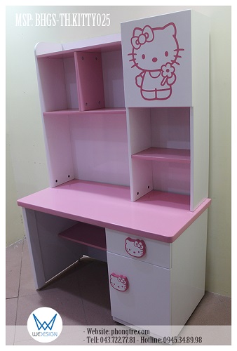Bàn học có giá sách trang trí Hello Kitty cầm hoa xinh