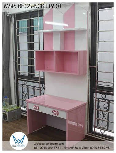 Bàn học tay nắm nơ Hello Kitty có giá sách treo tường tạo hình hậu hình ngôi nhà BHGS-NOKITTY.01 màu hồng