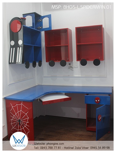 Bàn học góc Spider Man BHGS-L.SPIDERMAN01 có kệ sách đầu tàu nối các toa tàu theo góc L mặt bàn