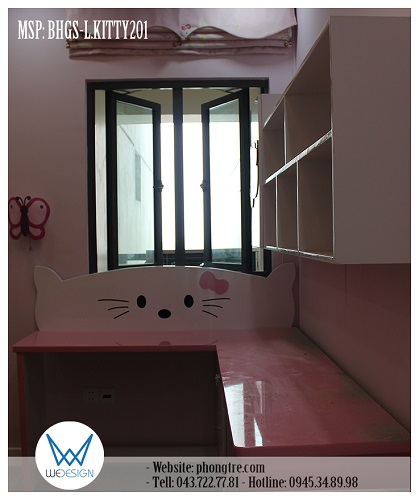 Phần bàn học 1m4 tạo hình tựa lưng bàn hình đầu Mèo Hello Kitty đeo nơ hồng dễ thương