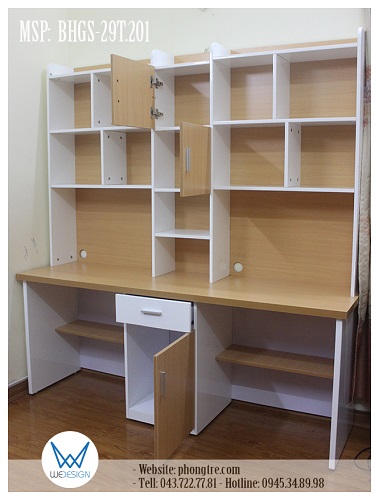 Bàn học đôi liền giá sách MSP: BHGS-29T.201 là mẫu bàn đôi học sinh có thể sử dụng cho mọi lứa tuổi và cả cho con gái và con trai của Bố Mẹ