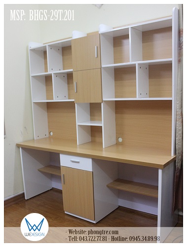 Mẫu bàn học đôi liền giá sách MSP: BHGS-29T.201 sự kết hợp của Melamine vân gỗ tự nhiên màu vàng bích và màu trắng
