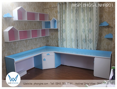 Bàn học đôi đặt góc 2m1x2m89 có giá sách ngôi nhà treo tường BHGS-L.NHA201
