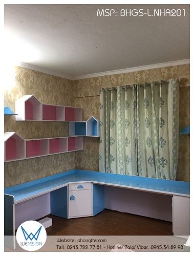Bàn học đôi đặt góc 2m1x2m89 có giá sách ngôi nhà