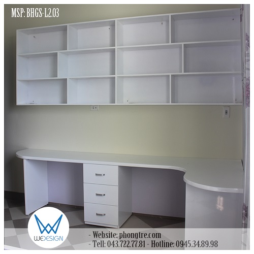 Mẫu bàn học đôi đặt góc có giá sách treo tường MSP: BHGS-L2.03