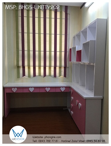 Bàn học Hello Kitty liền tủ sách đặt góc BHGS-L.KITTY202 cho 2 bé gái
