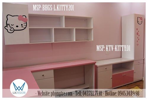 View 3 - Bàn học đôi đặt góc Hello Kitty và kệ ti vi Hello Kitty của 2 bé nhà anh Huy