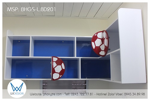 Kệ sách góc L 1m6x1m trang trí quả bóng tròn của bàn học đôi đặt góc 1m6x1m8 trang trí chủ đề bóng đá BHGS-L.BD201