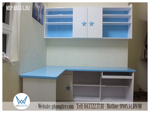 Bàn học đôi đặt góc 1m4x1m8 tay nắm ngôi sao xanh MSP: BHGS-L.202