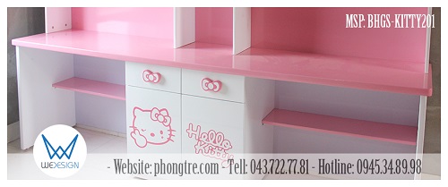 Bàn học dáng thẳng, dưới mặt bàn là tủ đồ 2 ngăn kéo - 2 cánh ở giữa  và 2 đợt gỗ 2 bên tủ đồ