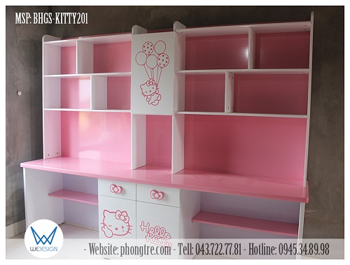 Bàn học đôi liền giá sách Hello Kitty dành cho 2 bé gái MSP: BHGS-KITTY201