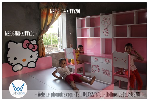Bàn học đôi Hello Kitty MSP: BHGS-KITTY201 và giường Hello Kitty 1m6 có 3 ngăn kéo của 2 bé Hương và Su