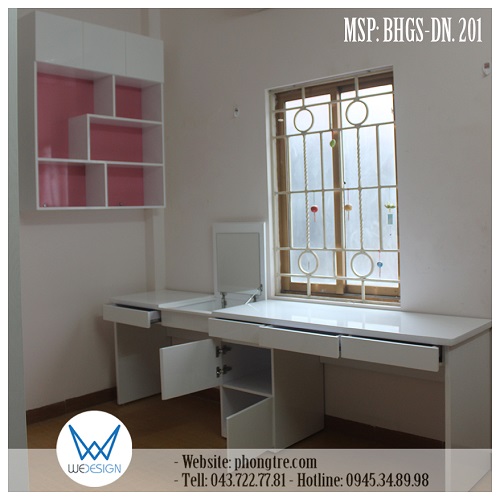 Bàn học đôi đa năng kết hợp bàn trang điểm có giá sách treo tường MSP: BHGS-DN.01