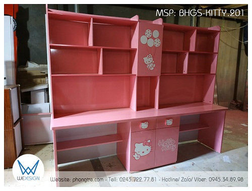 Bàn học đôi liền giá sách Hello Kitty BHGS-KITTY.201 sở hữu kệ sách lớn cho 2 bé để sách vở của mình