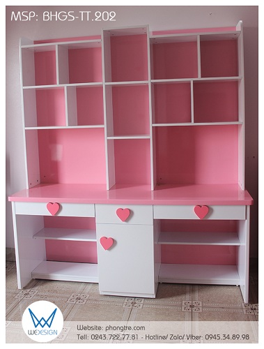 Bàn học đôi liền giá sách có tay nắm trái tim BHGS-TT.202 dành cho 2 bé gái