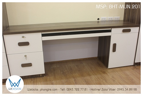 Bàn học đôi phối melamine vân gỗ mun và màu trắng