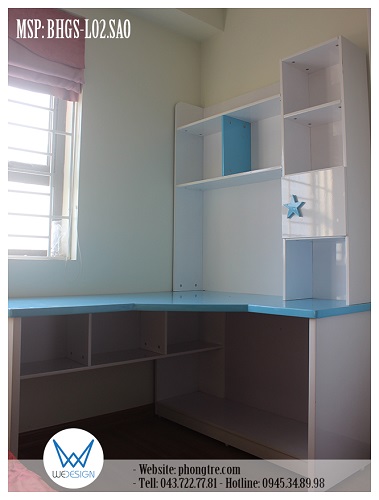 Mẫu bàn học góc liền giá sách tay nắm ngôi sao màu xanh da trời MSP: BHGS-L02.SAO
