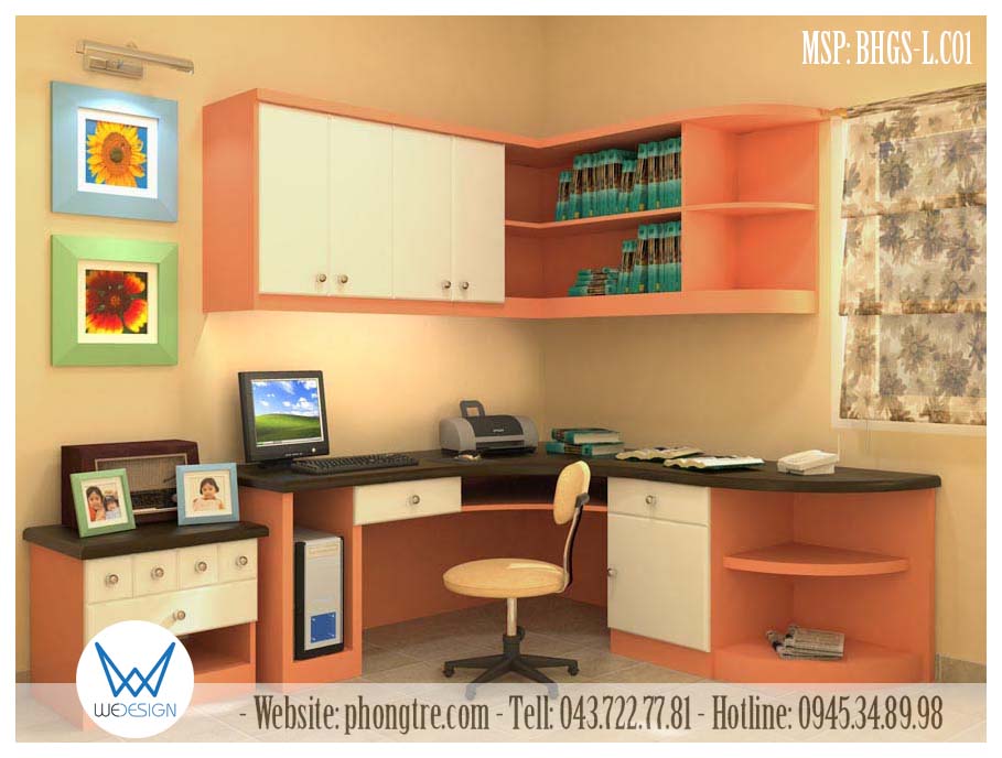 Bàn học góc chữ L có giá sách treo tường chữ L MSP: BHGS_L.C01