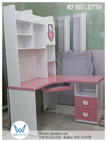 Mẫu bàn học góc chữ L liền giá sách Hello Kitty MSP: BHGS-L.KITTY04 đặt góc tường 1m2x1m2