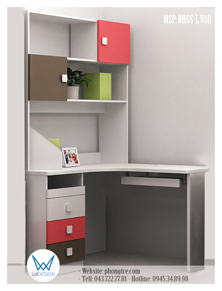 Ảnh minh họa - Mẫu bàn học góc chữ L liền giá sách tay nắm vuông MSP: BHGS-L.V011
