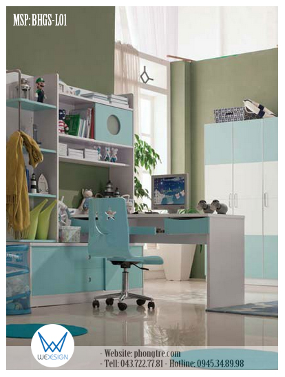 Bàn học góc chữ L liền tủ sách đặt giữa phòng