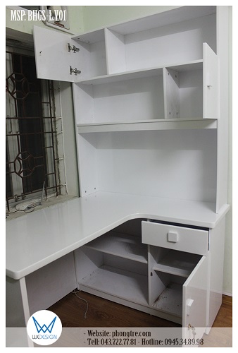 Mẫu thiết kế bàn học góc liền tủ sách MSP: BHGS-L.V01 màu trắng