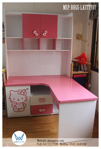 Bàn học chữ L liền tủ sách Hello Kitty và nơ xinh