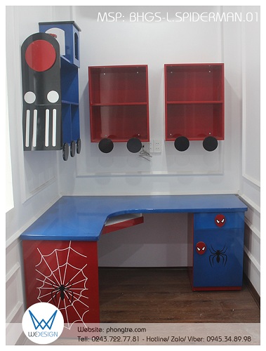 Bàn học đặt góc 1m2x1m6 có giá sách treo tường đoàn tàu hỏa chủ đề Spider Man BHGS-L.SPIDERMAN01