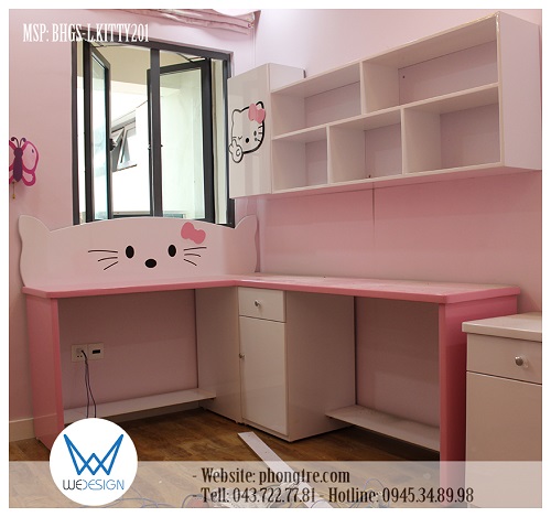 Bàn học góc 1m4x1m8 có giá sách treo tường trang trí Hello Kitty MSP: BHGS-L.KITTY201