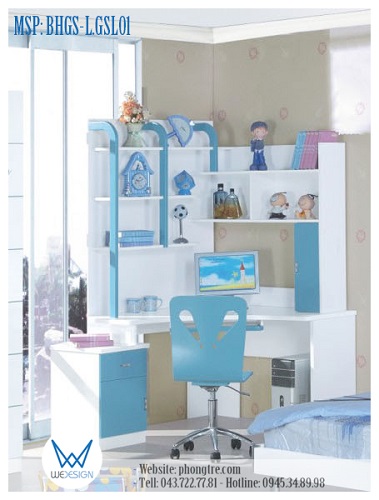 Ảnh minh họa - Mẫu bàn học chữ L liền kệ sách chữ L MSP: BHGS-L.GSL01