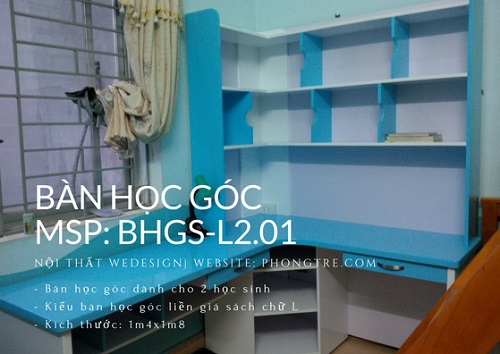 Video bàn học góc liền giá sách chữ L dành cho 2 bé