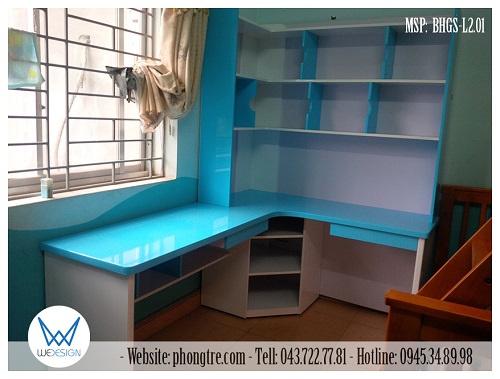 Mẫu bàn học đôi đặt góc liền kệ sách chữ L MSP: BHGS-L2.01