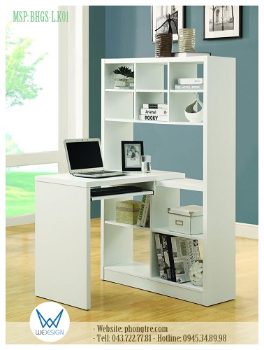 Bàn học góc liền kệ sách kiểu Hàn Quốc có kệ sách chia đợt đơn giản ở 1 vế và mặt bàn thẳng đặt vuông góc với kệ sách. Thường kệ sách được làm ở chiều cao thấp nên bàn học góc liền kệ sách thích hợp cho học sinh tiểu học và Teens muốn có góc học tập phong cách Hàn Quốc.