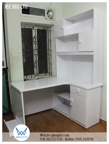 Mẫu bàn học góc liền tủ sách có tay nắm hình vuông MSP: BHGS-L.V01