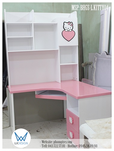Bàn học góc liền giá sách trang trí Kitty ôm trái tim