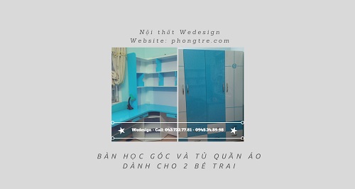 Bàn học góc và tủ quần áo phòng ngủ 2 bé trai
