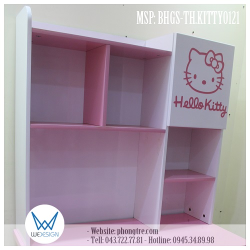 Kệ sách của bàn học có 1 ô tủ cánh, 3 hồi chống xuống mặt bàn tạo kết cấu chắc chắn cho học sinh để sách vở