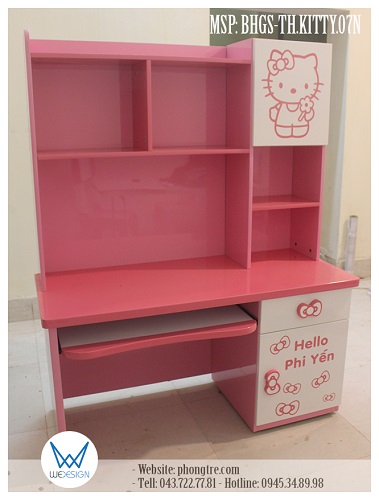 Bàn học tiểu học Hello Kitty trang trí tên bé và nơ xinh BHGS-TH.KITTY07N