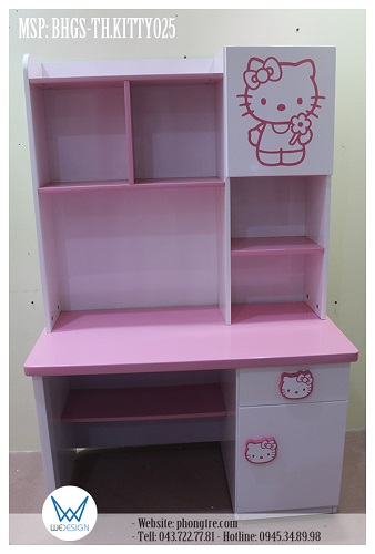 Mẫu bàn học tiểu học liền giá sách trang trí Hello Kitty cầm hoa xinh MSP: BHGS-TH.KITTY025